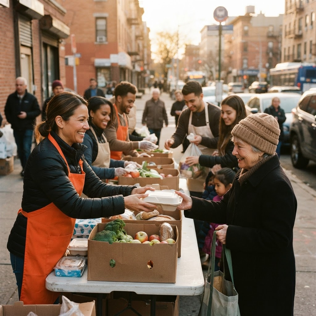 Volunteers handing out groceries and hot meals to neighbors on a city street